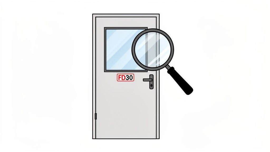A magnifying glass focuses on an 'FD30' label on a grey fire door.