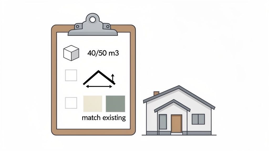 A clipboard with a renovation checklist next to a house, showing options for volume, roof adjustments, and matching existing colors.