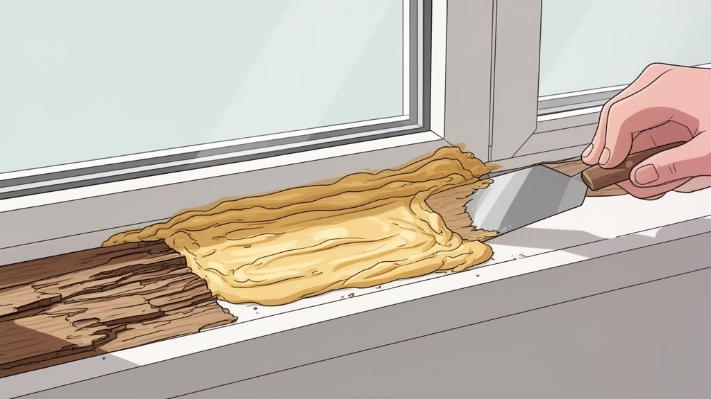 A person applies wood filler with a spatula to repair a severely rotted wooden window sill.
