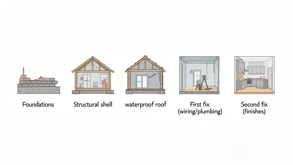 An illustration depicting five stages of house construction, from laying foundations to the completed kitchen finishes.