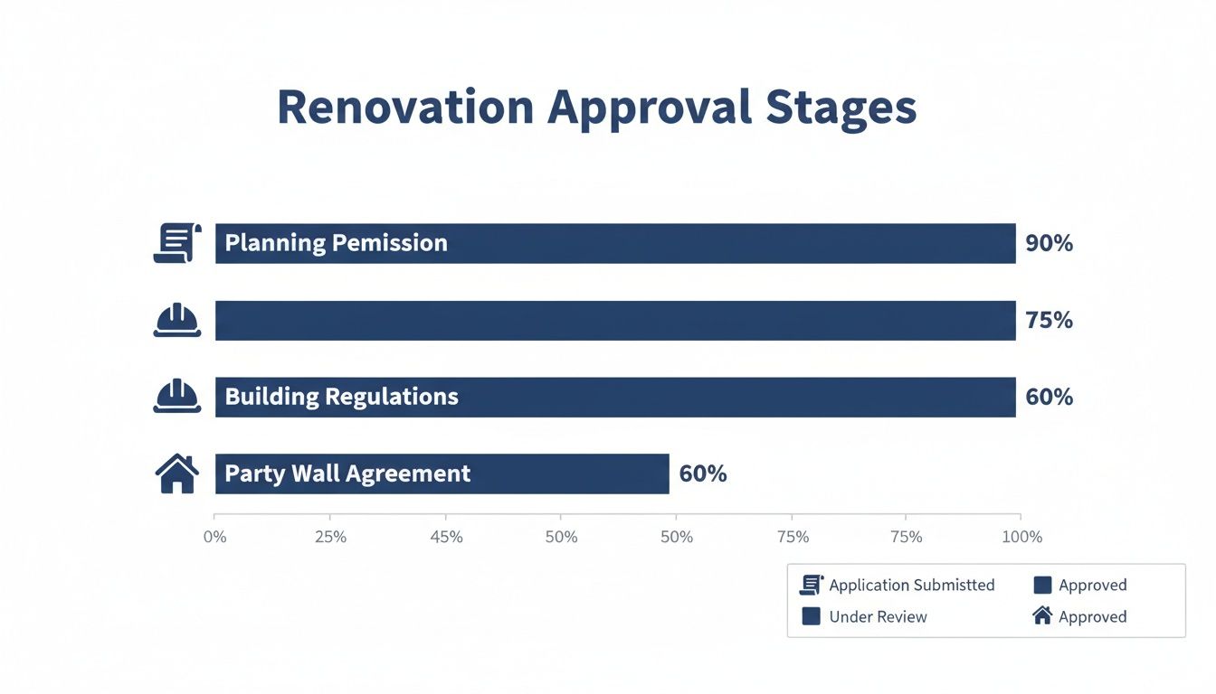 Bar chart illustrating the progress and approval percentages for various renovation stages, including planning and building regulations.