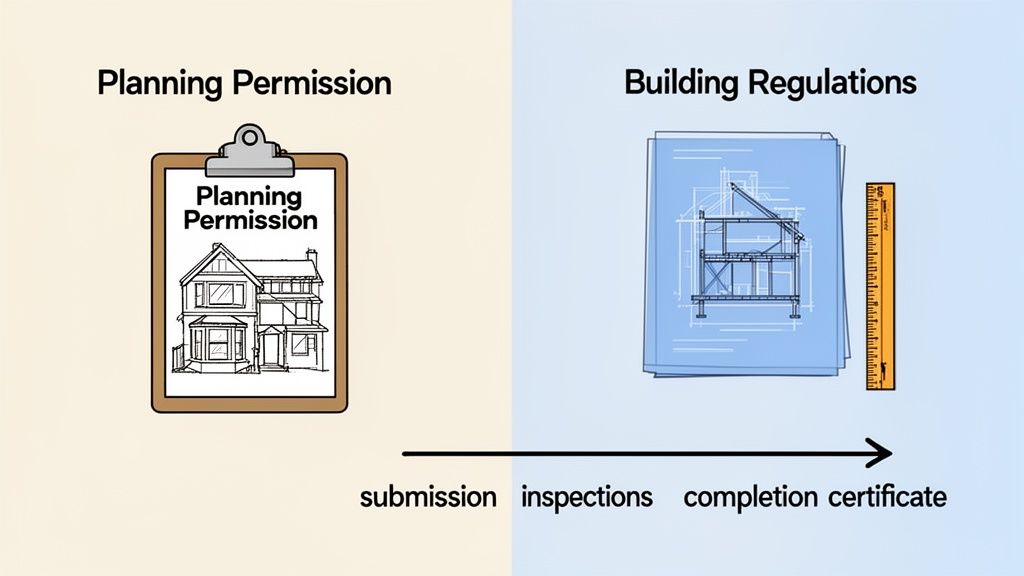 Illustration comparing planning permission and building regulations with documents and process steps.