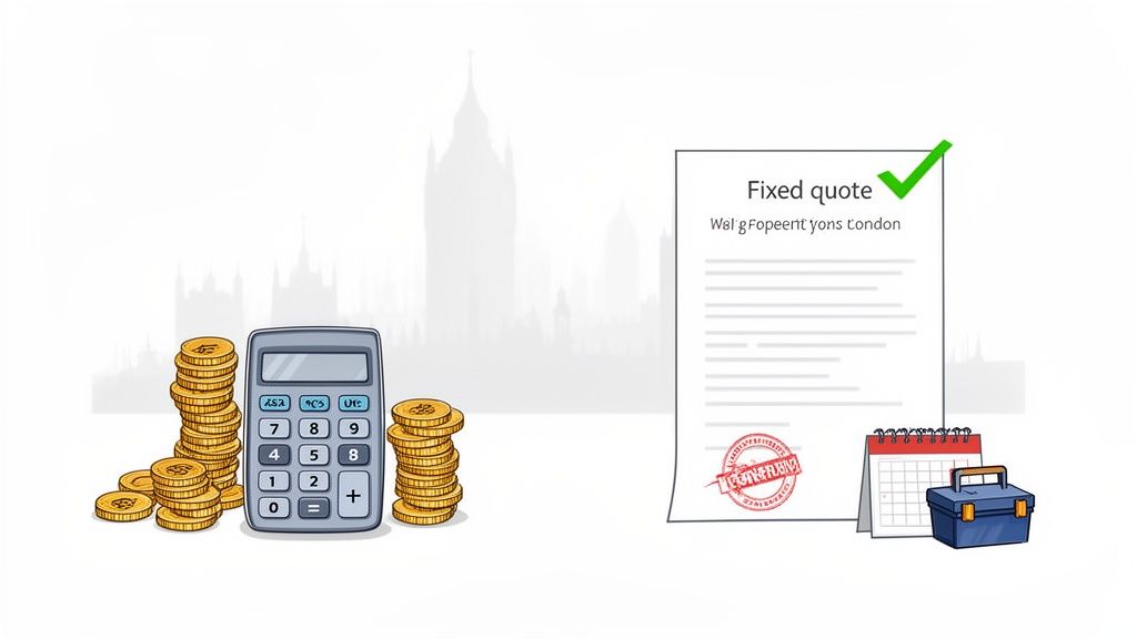 Calculator, coins, and a guaranteed fixed quote for property maintenance services in London.