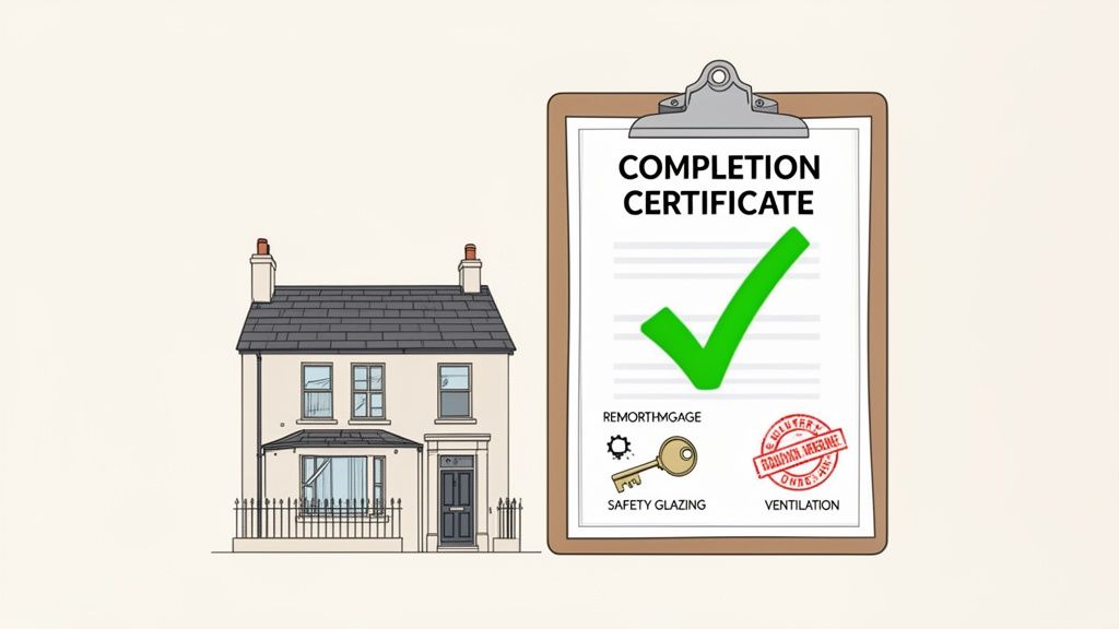 An illustration of a house next to a clipboard showing a 'Completion Certificate' with a green checkmark, indicating building approval.