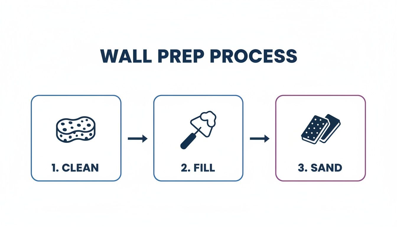 A three-step wall preparation process: clean with a sponge, fill with a trowel, and sand with blocks.