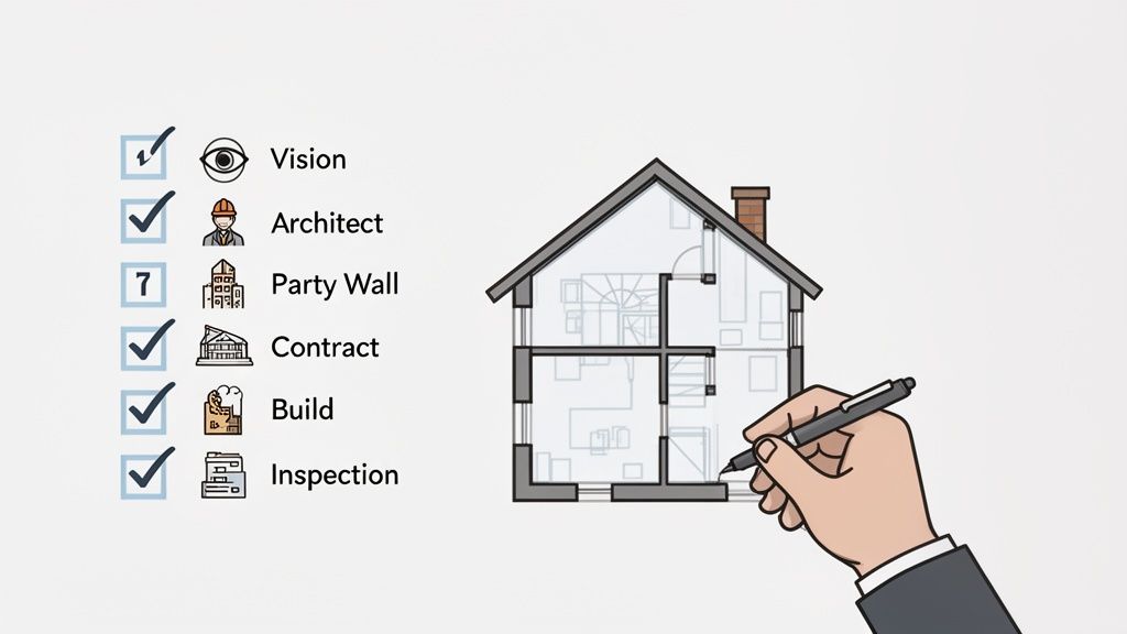 A checklist for house construction showing steps like vision, architect, contract, build, and inspection.