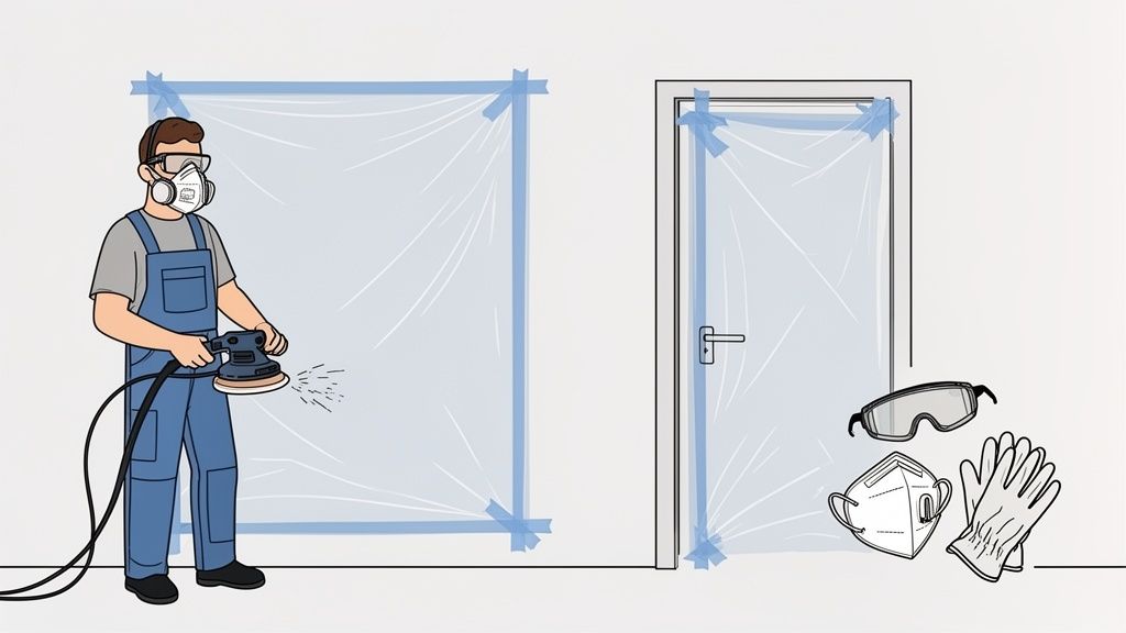 Worker sanding a wall, with plastic sheeting protecting surfaces, and safety goggles, mask, and gloves visible.