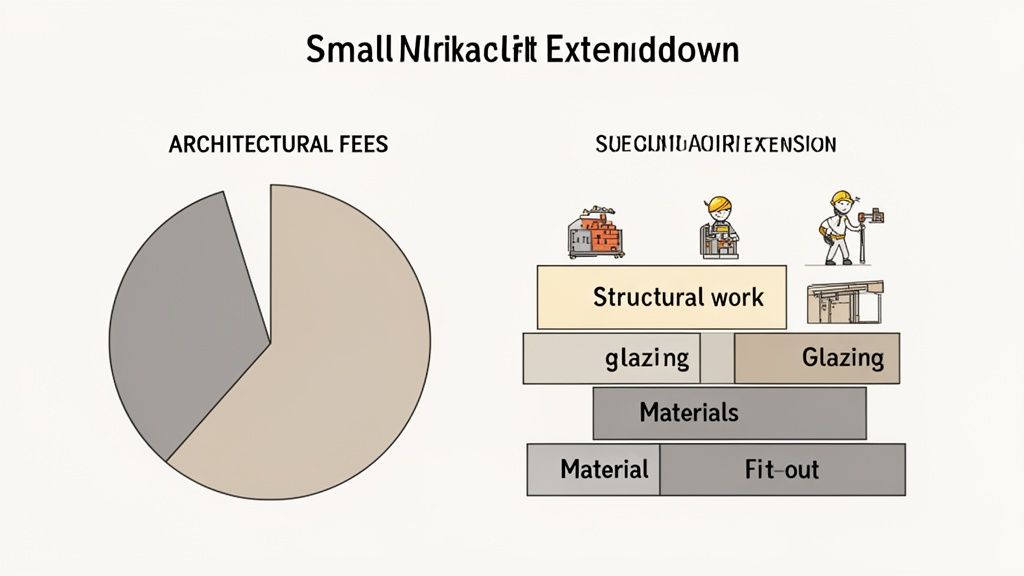 A diagram shows architectural fees in a pie chart and a cost breakdown for a small extension.