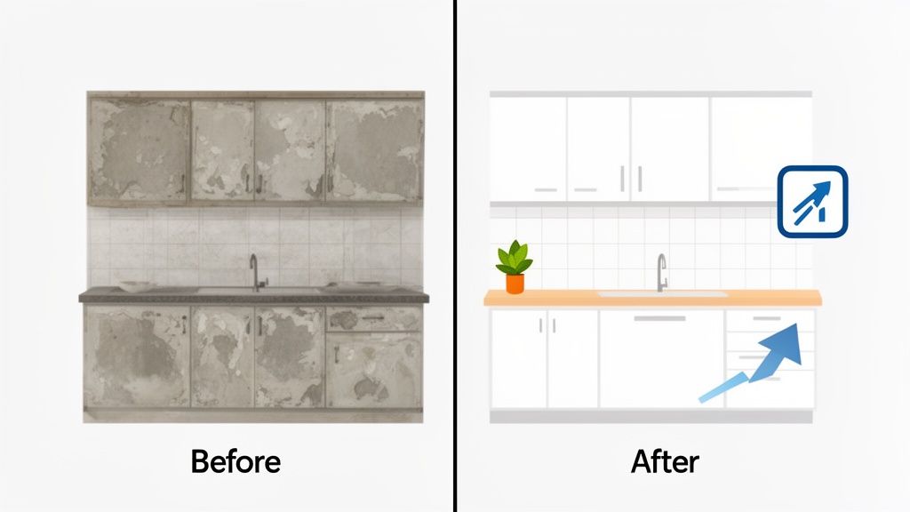 A dilapidated kitchen before and a renovated modern kitchen after, indicating property value improvement.