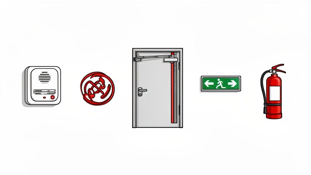 Illustration of essential fire safety equipment: alarm, exit door, emergency sign, and extinguisher.
