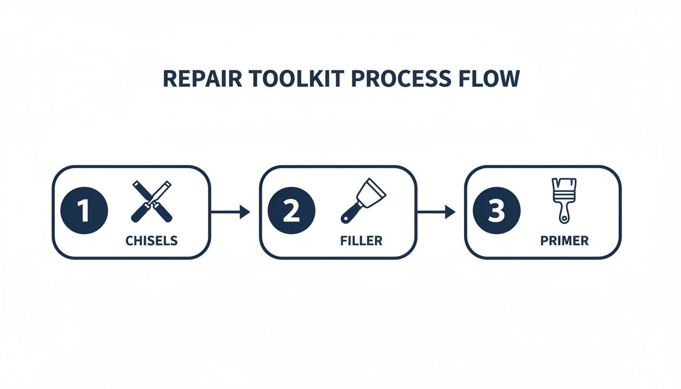 A three-step repair toolkit process flow showing chisels, filler, and primer with icons and numbers.