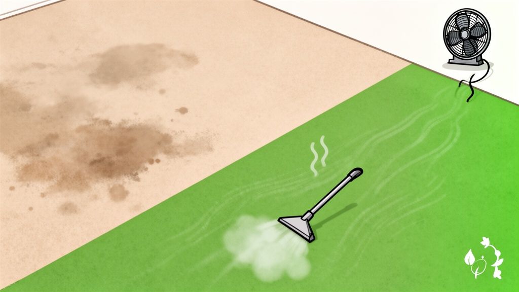 Illustration of a dirty floor next to a clean one, being steam cleaned and dried by a fan.