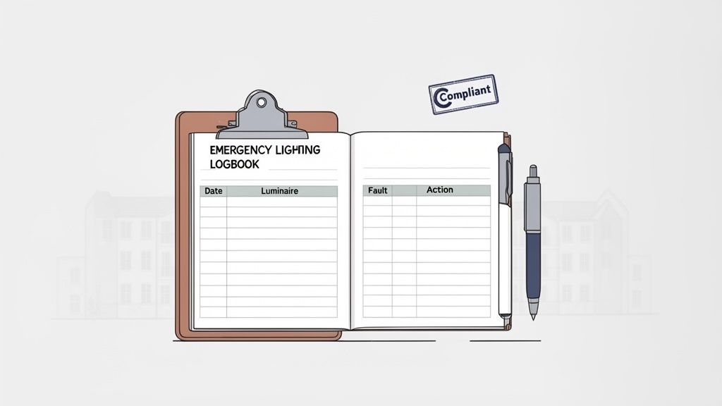 An open emergency lighting logbook on a clipboard with a pen and a 'Compliant' stamp.