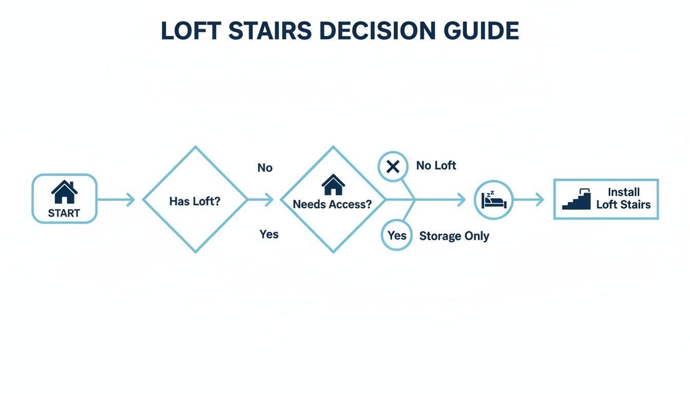 Flowchart illustrating the decision-making process for installing loft stairs, considering loft presence and access needs.
