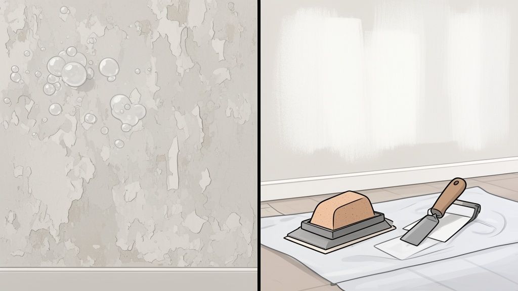 A wall with peeling paint and bubbles on the left, next to a wall being prepped with tools.