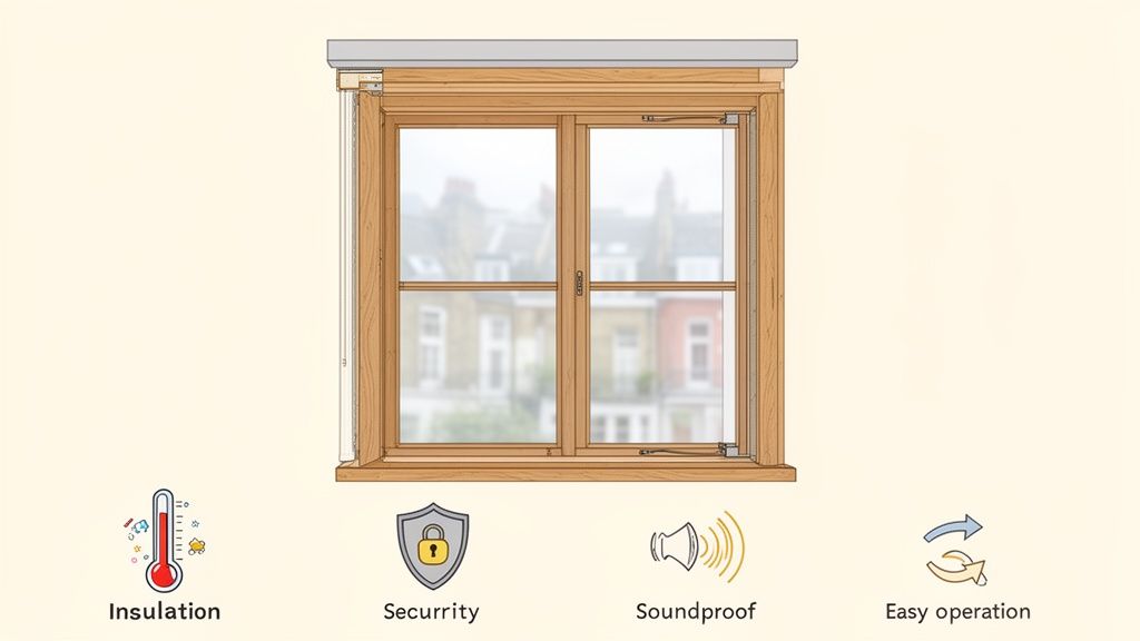 An illustration of a wooden sash window highlighting its features: insulation, security, soundproofing, and easy operation.