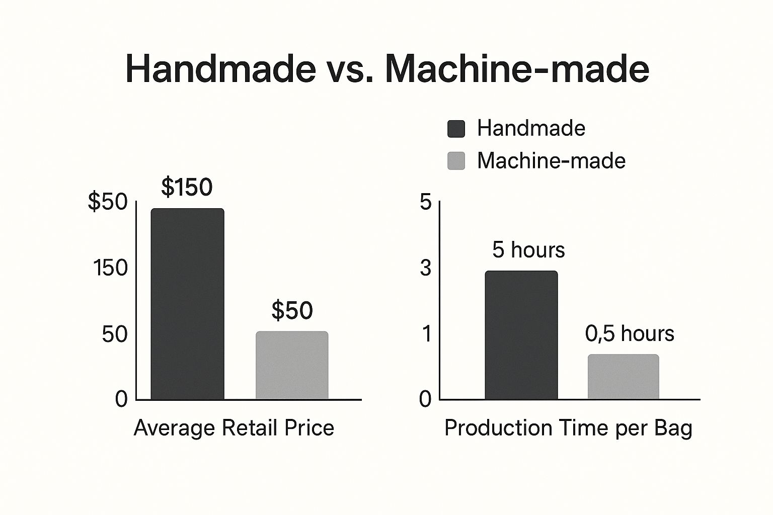Infographic comparing the average retail price and production time for handmade vs machine made bags.
