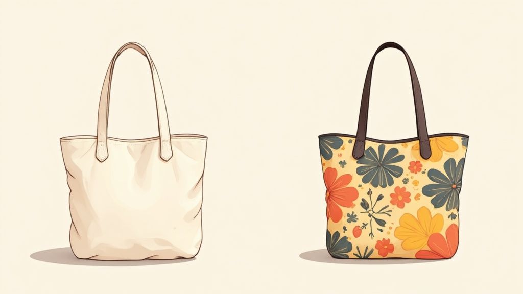 A bustling market scene where a person is examining a colourful, intricately patterned bag, showcasing consumer choice.