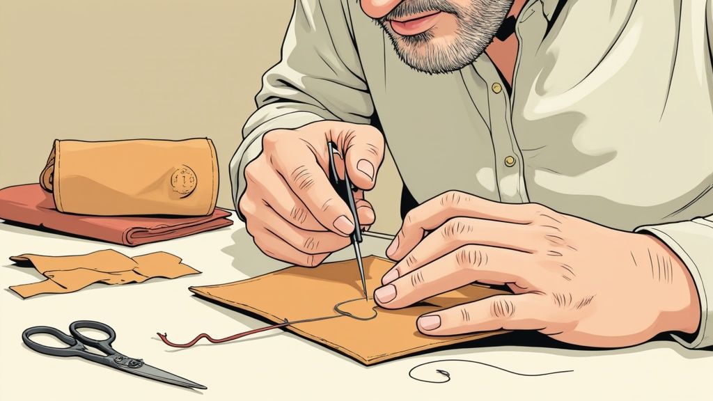 A close-up shot of an artisan's hands carefully stitching a piece of leather for a bag, showing precision and care.