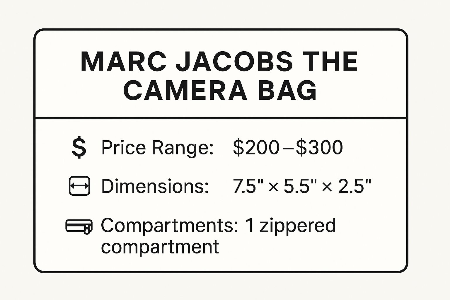 Infographic showing key data about Marc Jacobs The Camera Bag