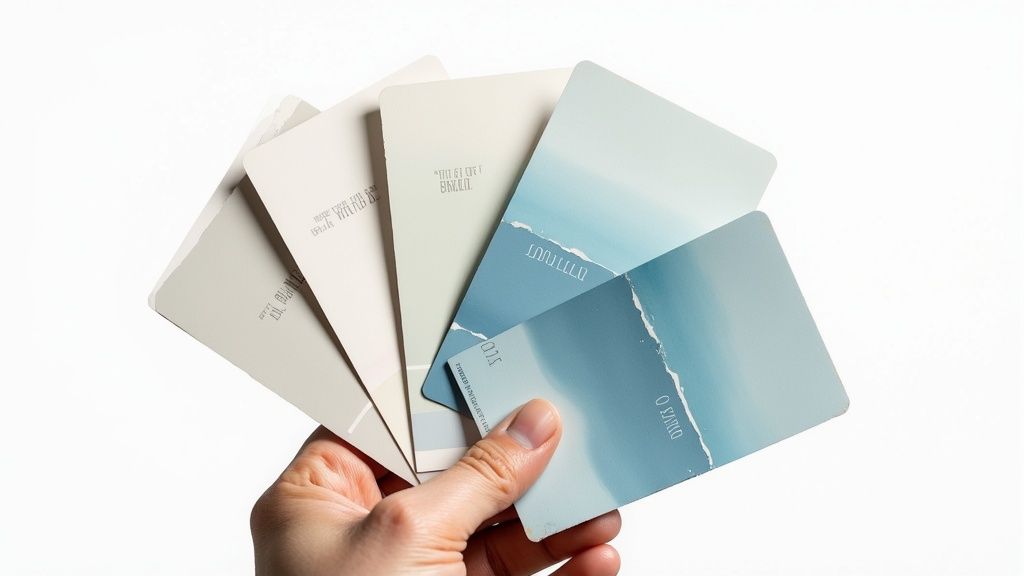 A hand holds several color swatches from Soca Services, showcasing various shades of beige, grey, and blue, possibly for interior painting.