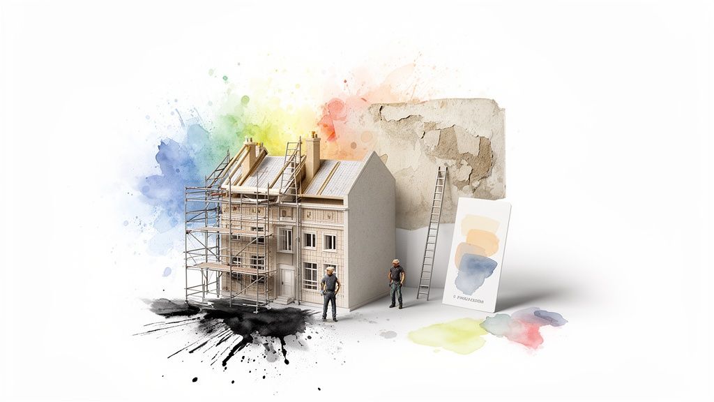 Soca Services miniature house renovation with workers and a color palette.
