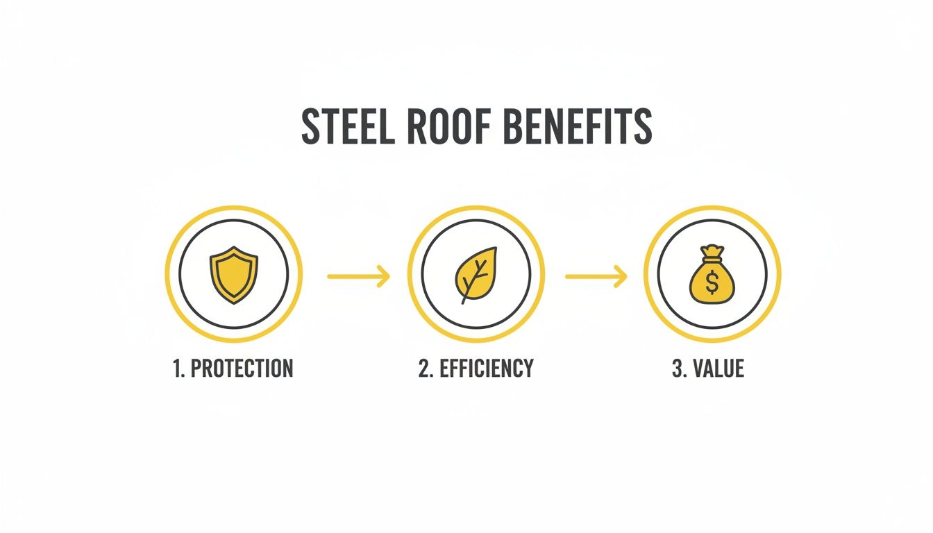 Soca Services infographic showing steel roof benefits: protection, efficiency, and value with shield, leaf, and money icons.