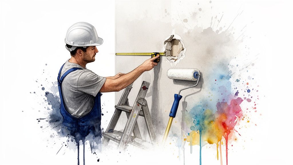 A construction worker in a hard hat measures a wall with a tape measure, with a paint roller nearby.