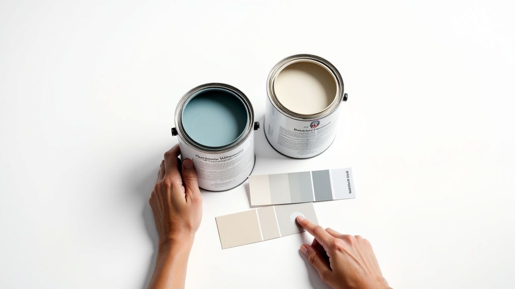 Two paint cans, one Benjamin Moore and one Sherwin-Williams, side by side in a professional setting.