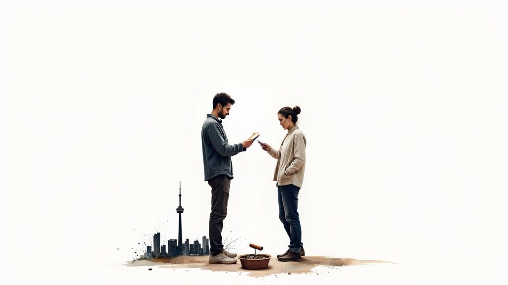 Watercolor painting of a man and woman looking at phones, with a cityscape and tower.