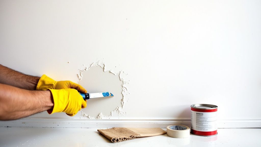 Soca Services team member in yellow gloves scraping peeling paint off a wall with a putty knife for interior painting preparation.