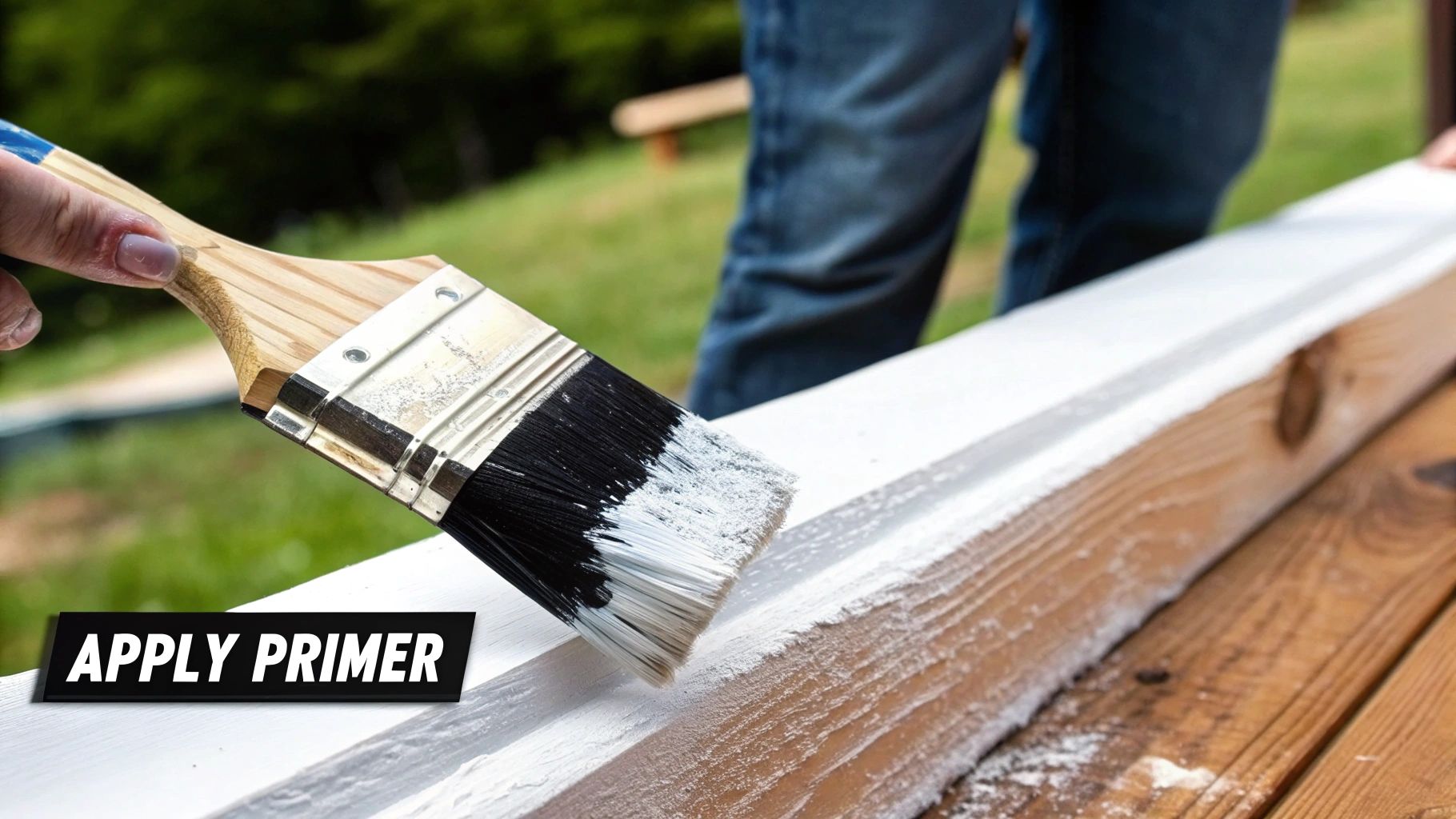 A person applying white primer paint to a wall with a roller.