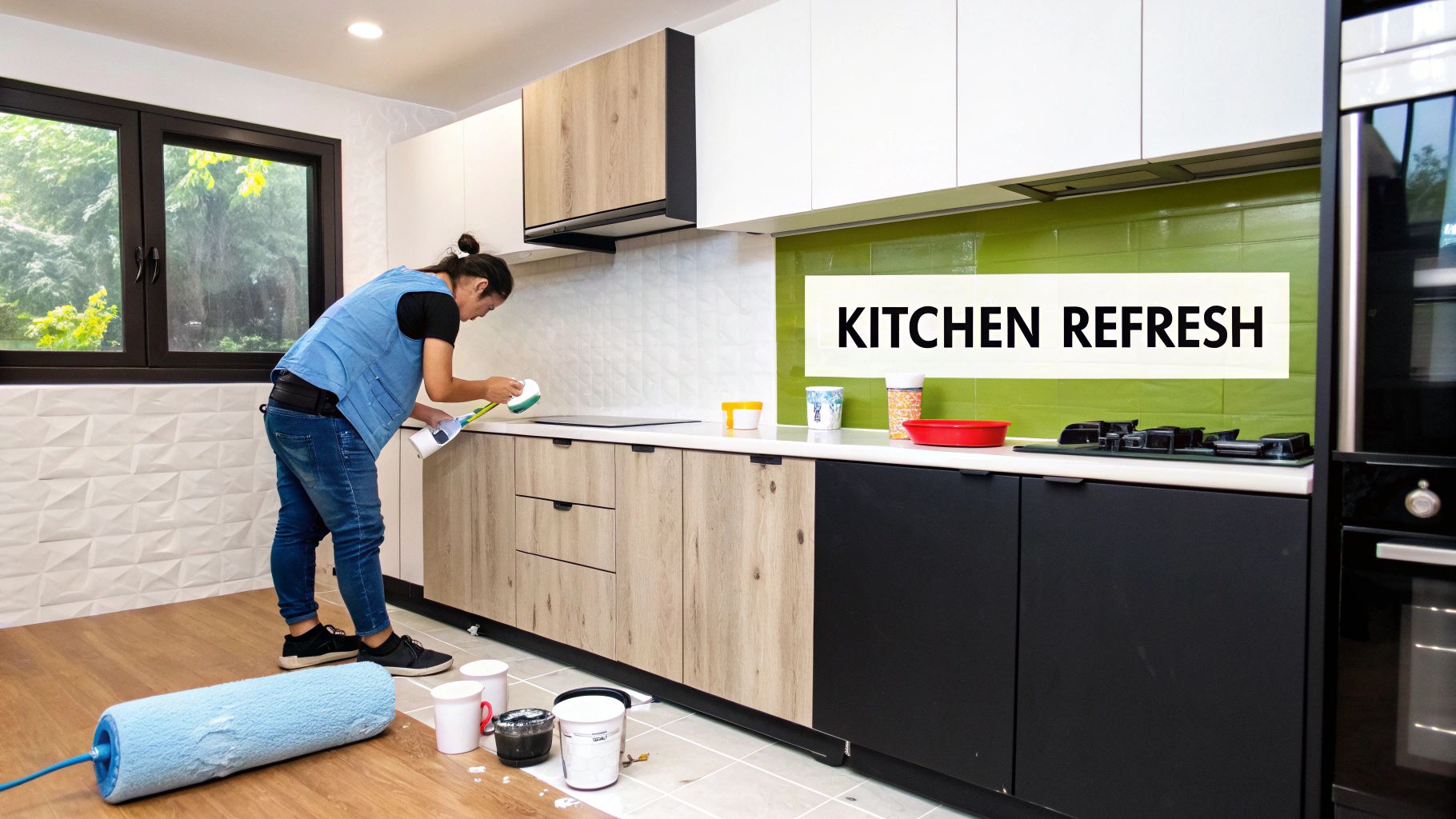 A freshly painted kitchen with white melamine cabinets and modern hardware