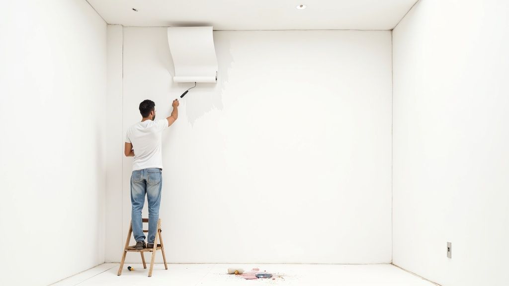 A man on a stepladder painting a white room's wall and ceiling with a roller.