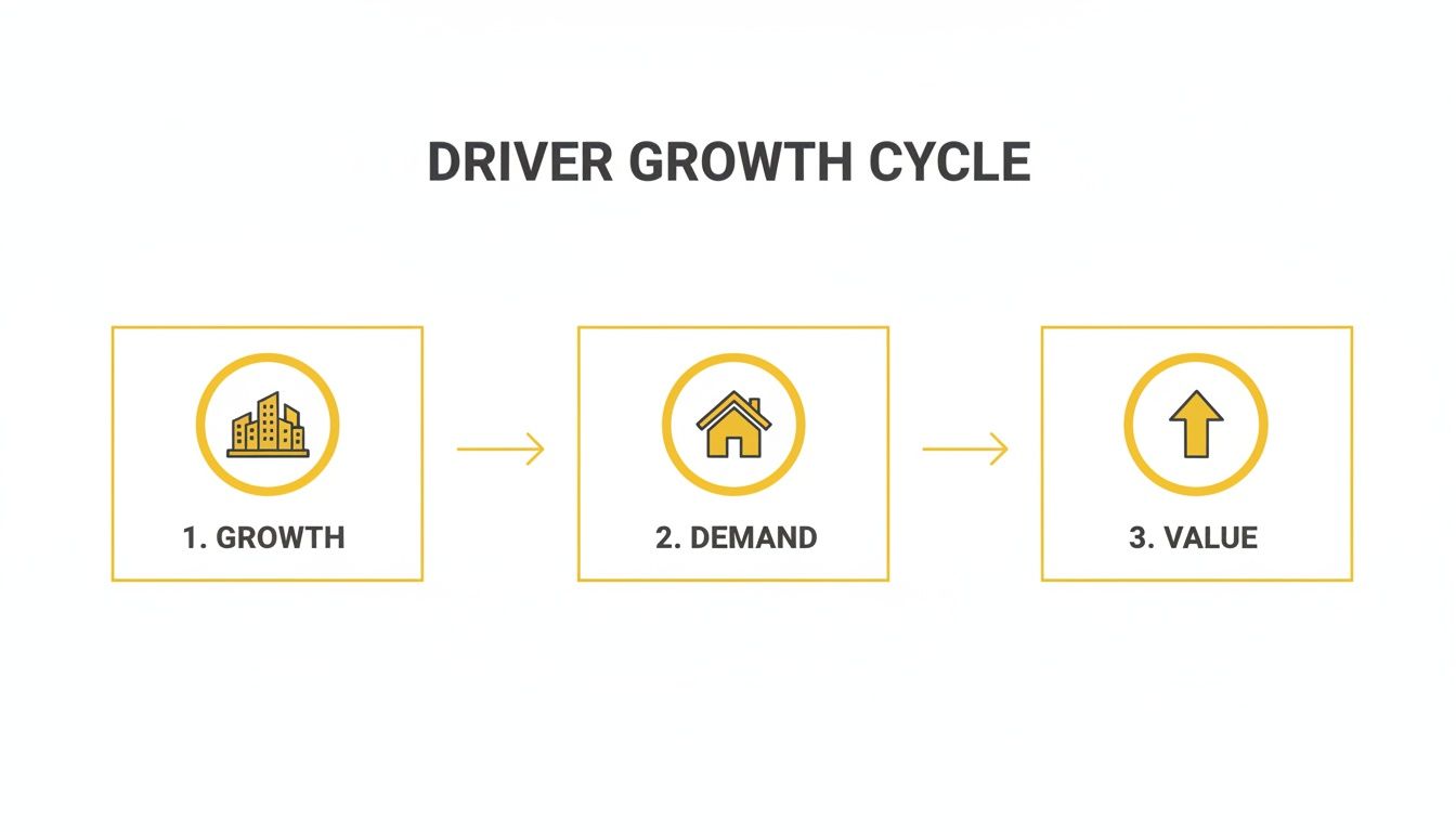 Infographic illustrating the Driver Growth Cycle steps: Growth (buildings), Demand (house), and Value (up arrow).