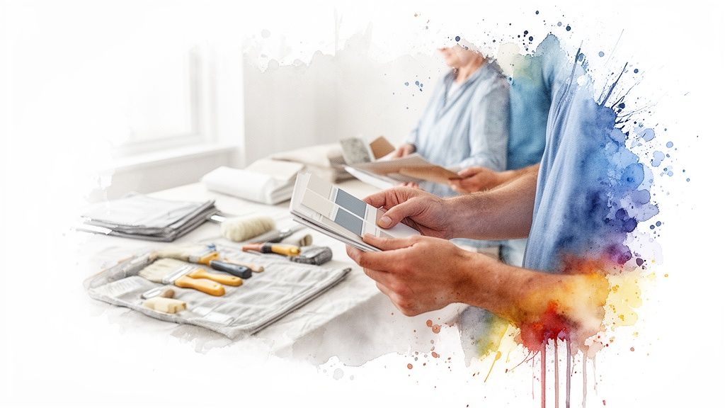 Soca Services clients selecting paint colors and materials for home renovation, with brushes and tools on a table.