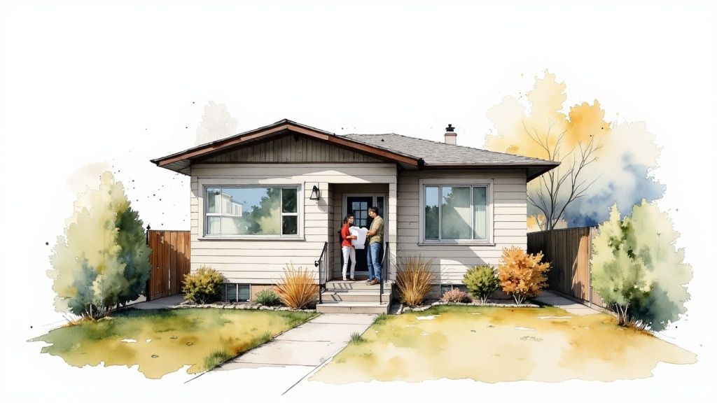 A charming watercolor home with a couple reviewing architectural plans on the front steps.