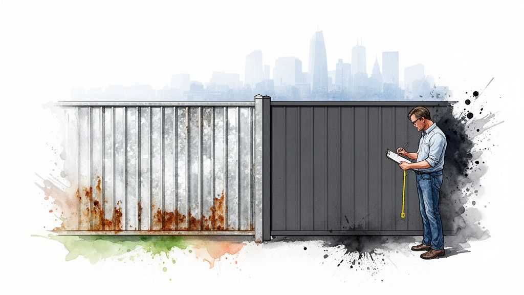 Man inspects new gray fence next to rusty corrugated metal, illustrating steel painting. Alt text: Soca Services expert inspects a new gray fence next to rusty corrugated metal, illustrating the need for painting galvanized steel.
