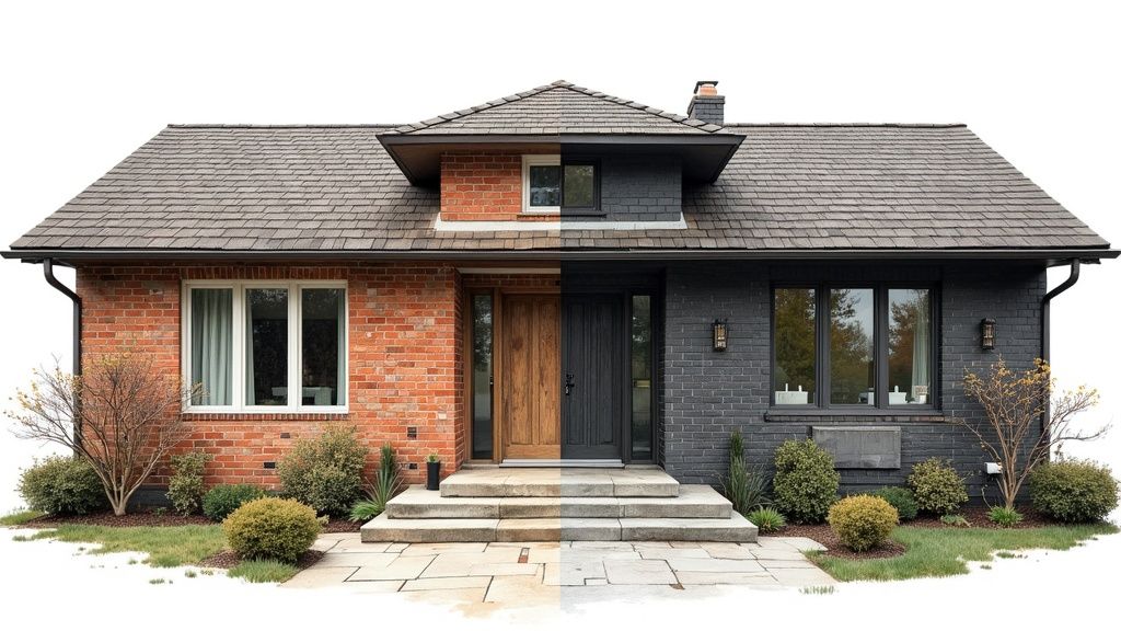 A modern home with dark stained brick, showcasing a dramatic before and after transformation.