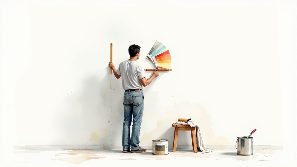 Man holding color swatches and level tool planning interior wall painting project
