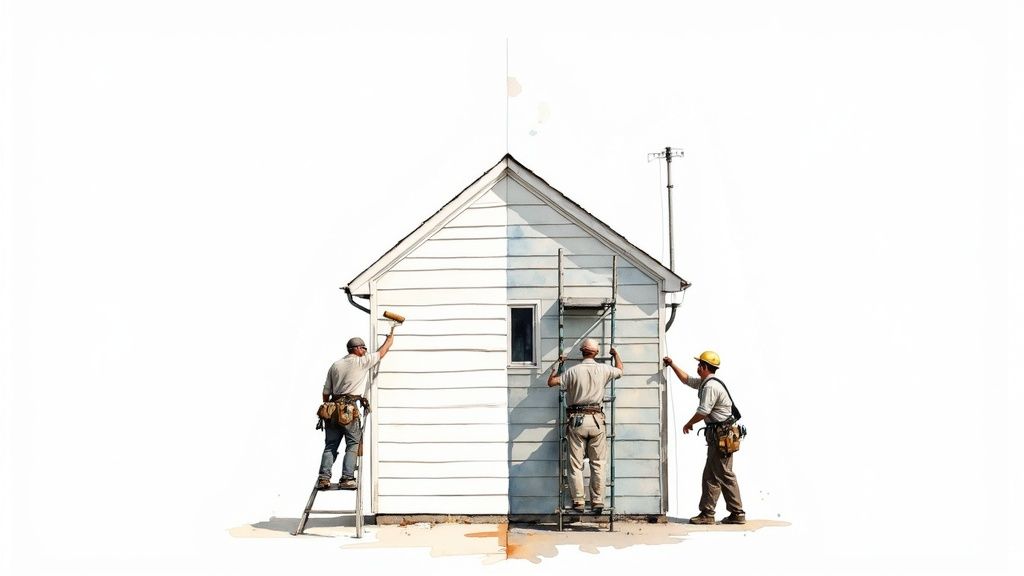 Three workers from Soca Services are painting the exterior of a small house, half white, half blue.