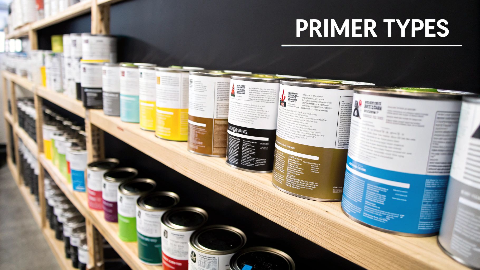 A collection of paint cans including latex, oil-based, and shellac primers, arranged on a painter's drop cloth.