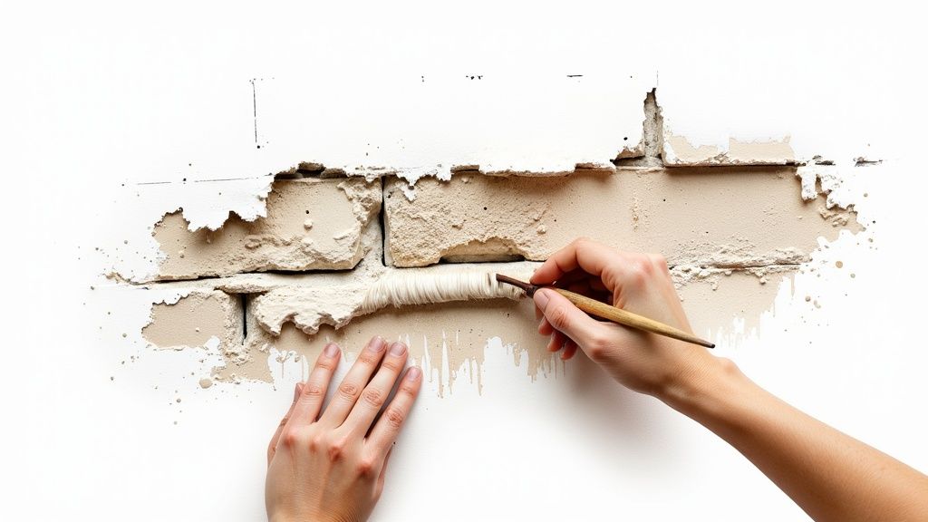 Hand painting over damaged wall with exposed brick showing deteriorating plaster and peeling paint