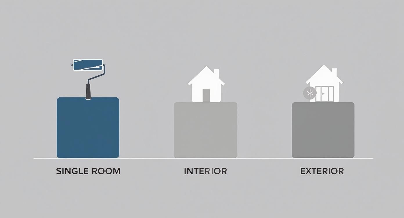 Three house painting service types: single room, interior, and exterior painting options illustration