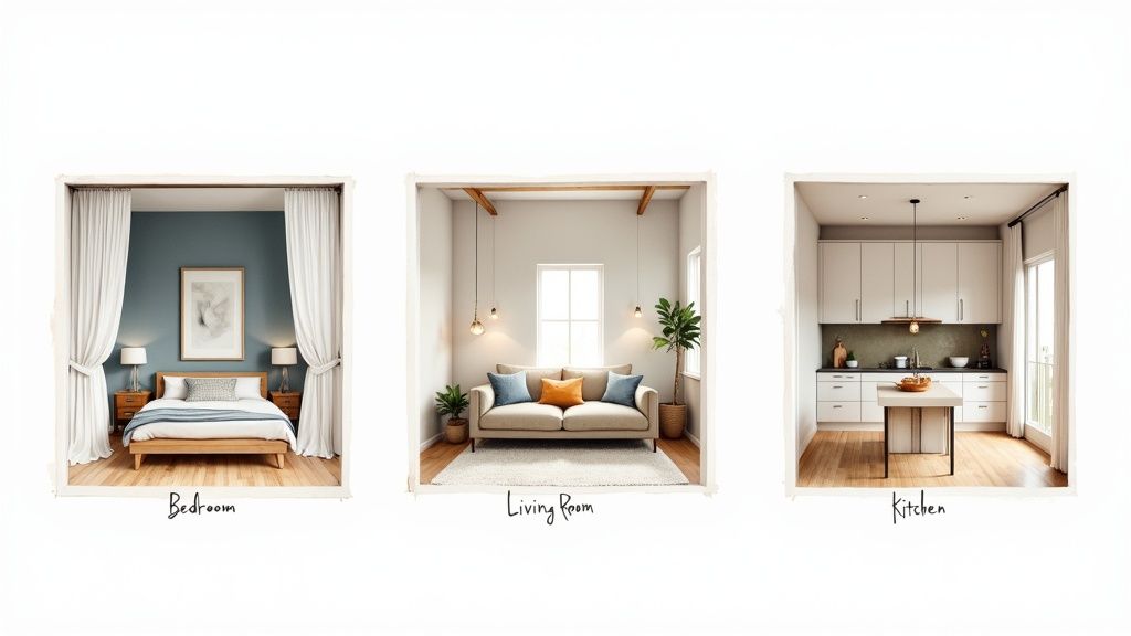 Three modern home interior rooms: a cozy bedroom, a stylish living room, and a bright kitchen design.