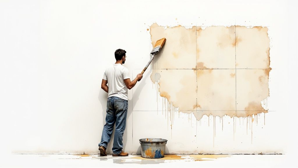 A professional painter carefully washing a sponge in a methodical, top-to-bottom motion, demonstrating the proper technique.