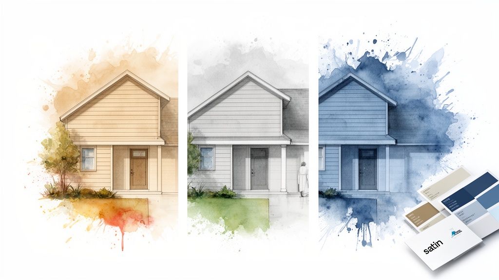 Three watercolor house designs showing various exterior color palettes with matching paint swatches. Soca Services.
