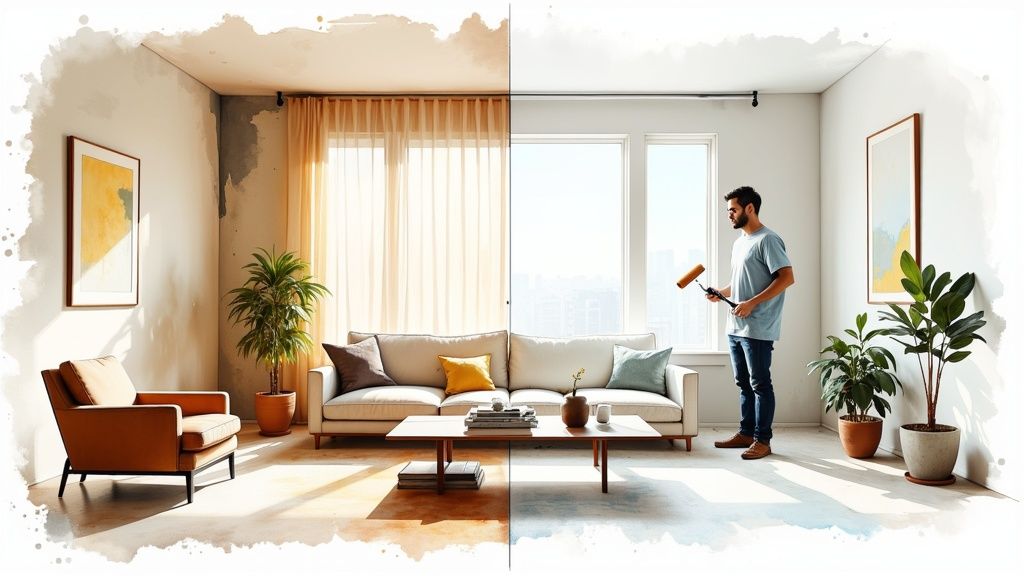 Split image of a living room before and after renovation, with a man painting clean walls.