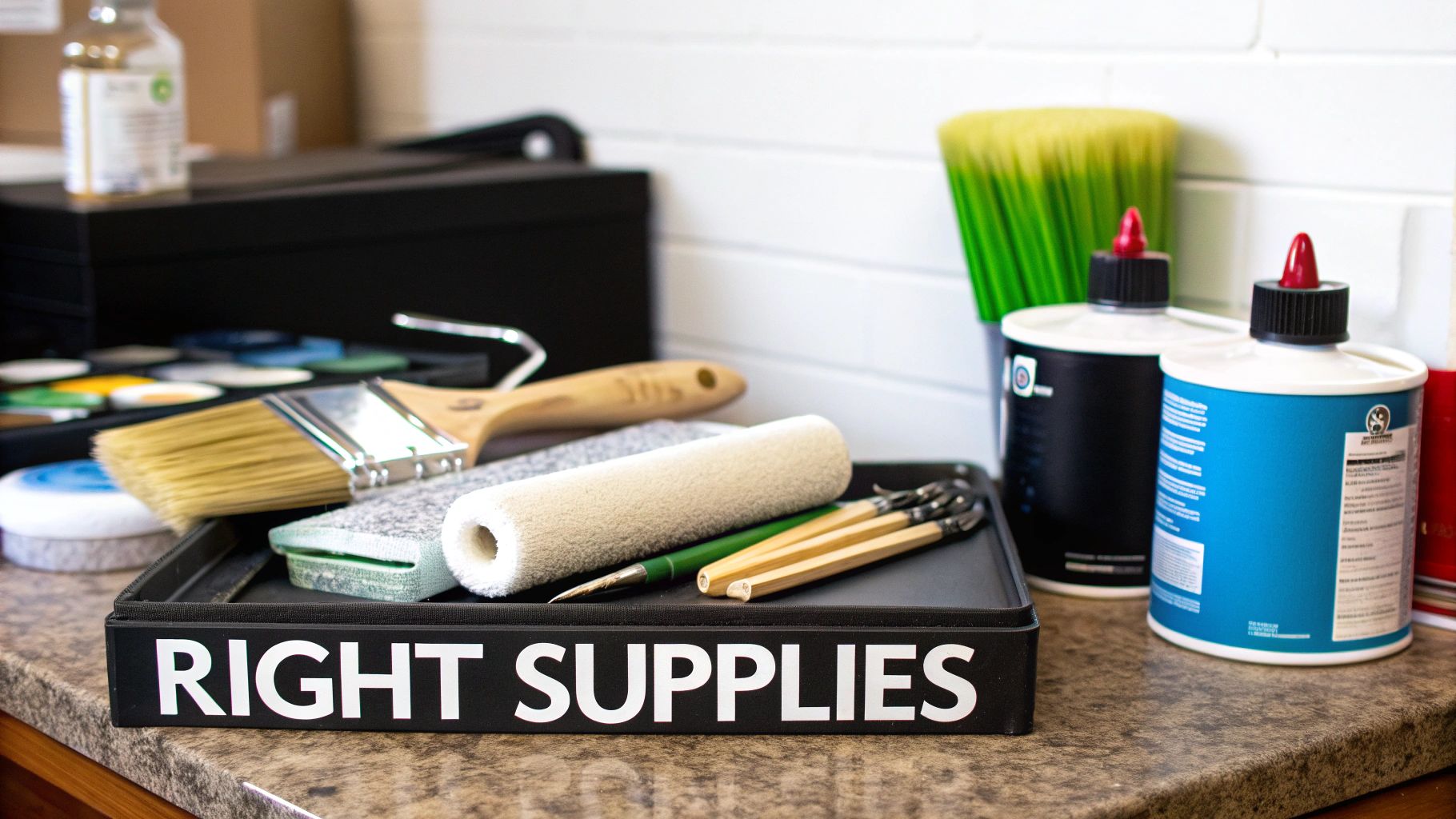 A collection of painting supplies including rollers, brushes, and paint cans laid out neatly.