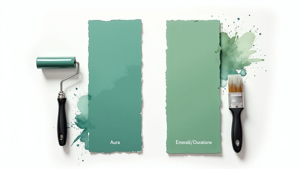 A person holding a paint roller with a freshly painted wall in the background, showcasing the value of a quality paint job.